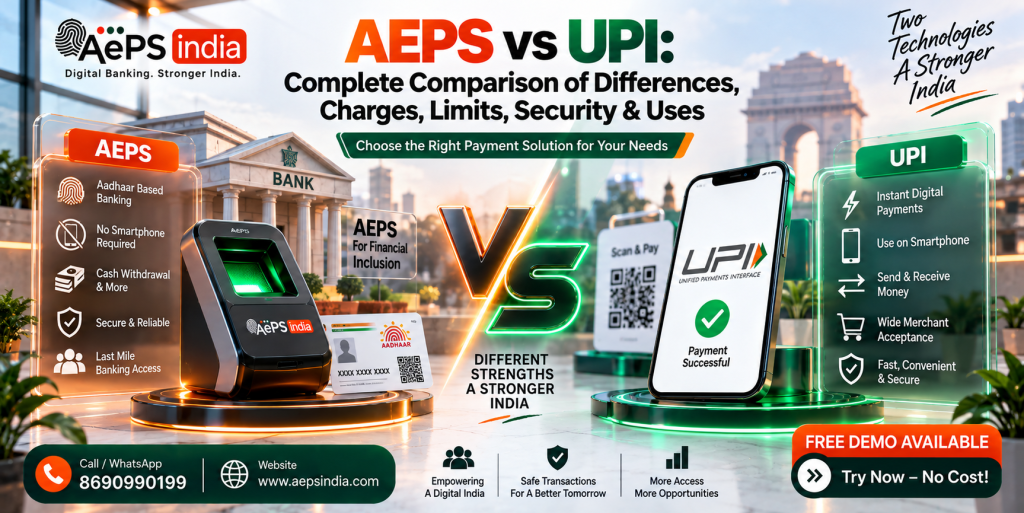 AEPS vs UPI: Complete Comparison of Differences, Charges, Limits, Security & Uses
